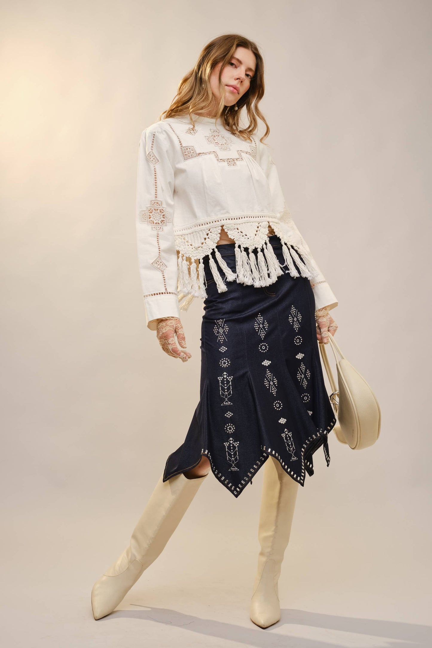Crochet Tassel Hem Embroidered Top