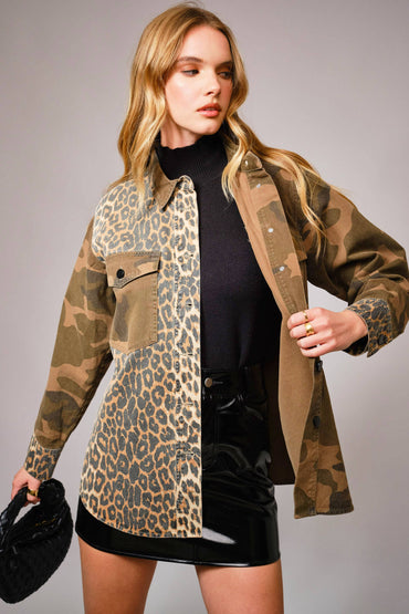 Mix Media Camo Leopard Snap Jacket