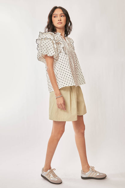 Polka Dot Contrast Ruffle Puff Sleeve Blouse