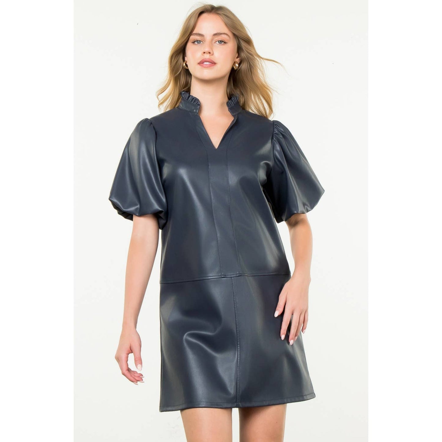 THML Navy Puff Sleeve Leather Dress