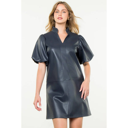 THML Navy Puff Sleeve Leather Dress