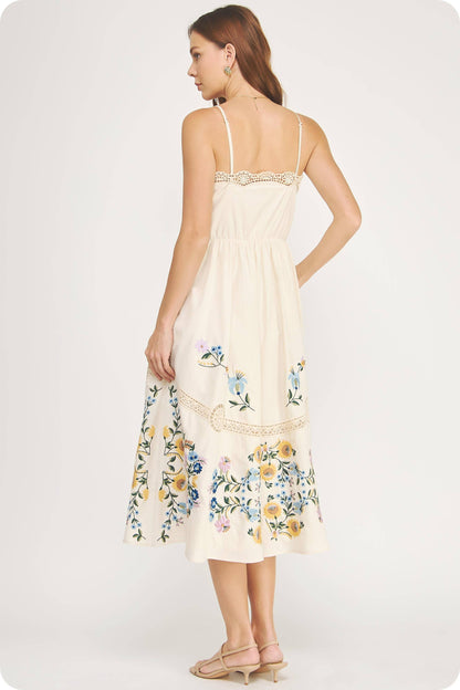 Embroidered Floral Lace Detail Midi Dress