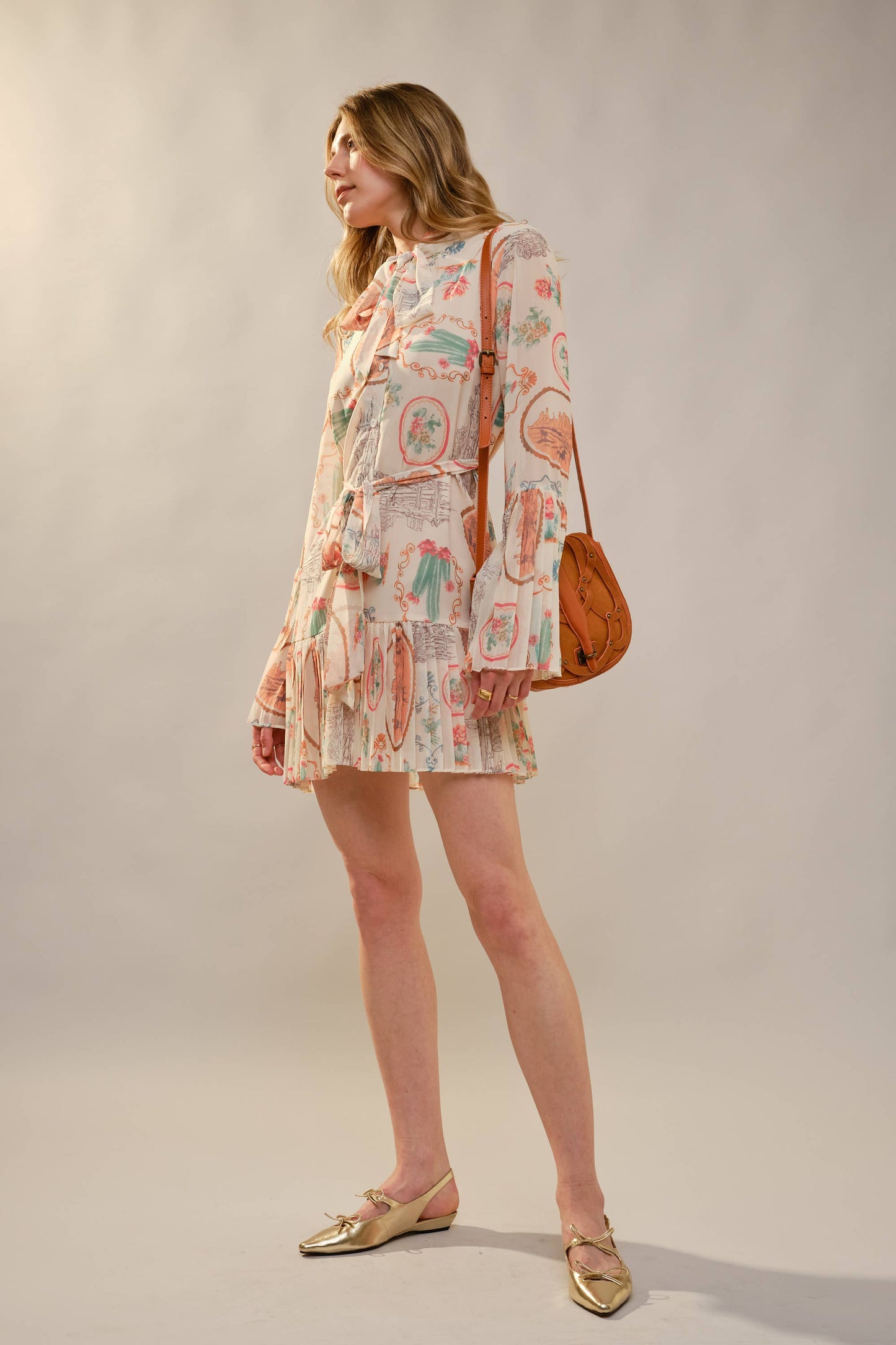 Cactus Vintage Print Pleated Mini Dress