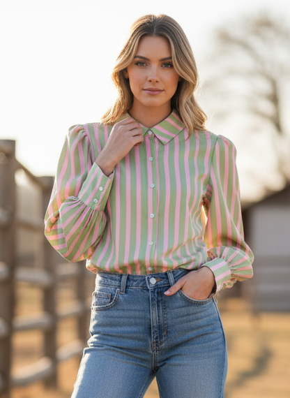 Turq Haven Green & Pink Striped Chiffon Blouse