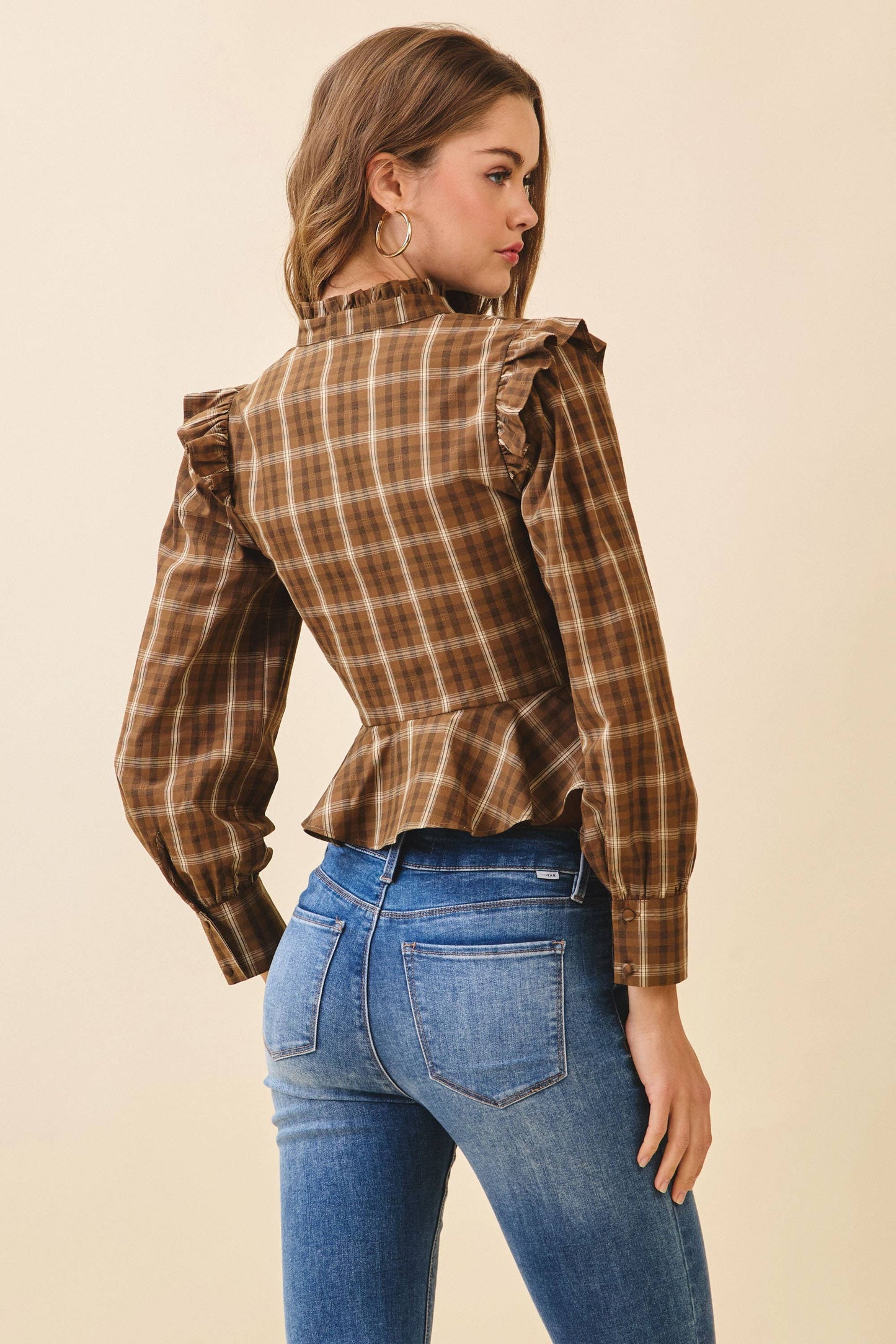 Plaid Button Front Ruffle Accents Peplum Hem Top