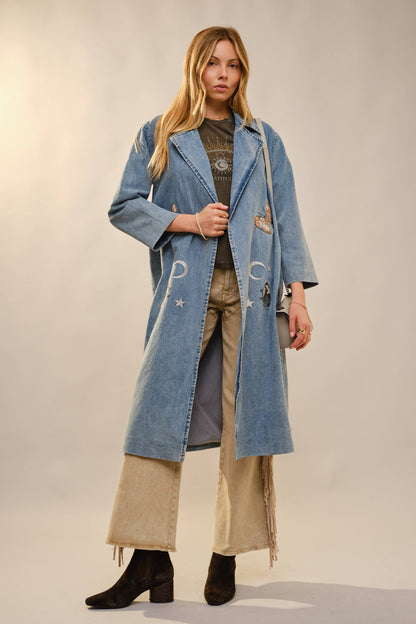 Denim Trench Coat With Embroidery