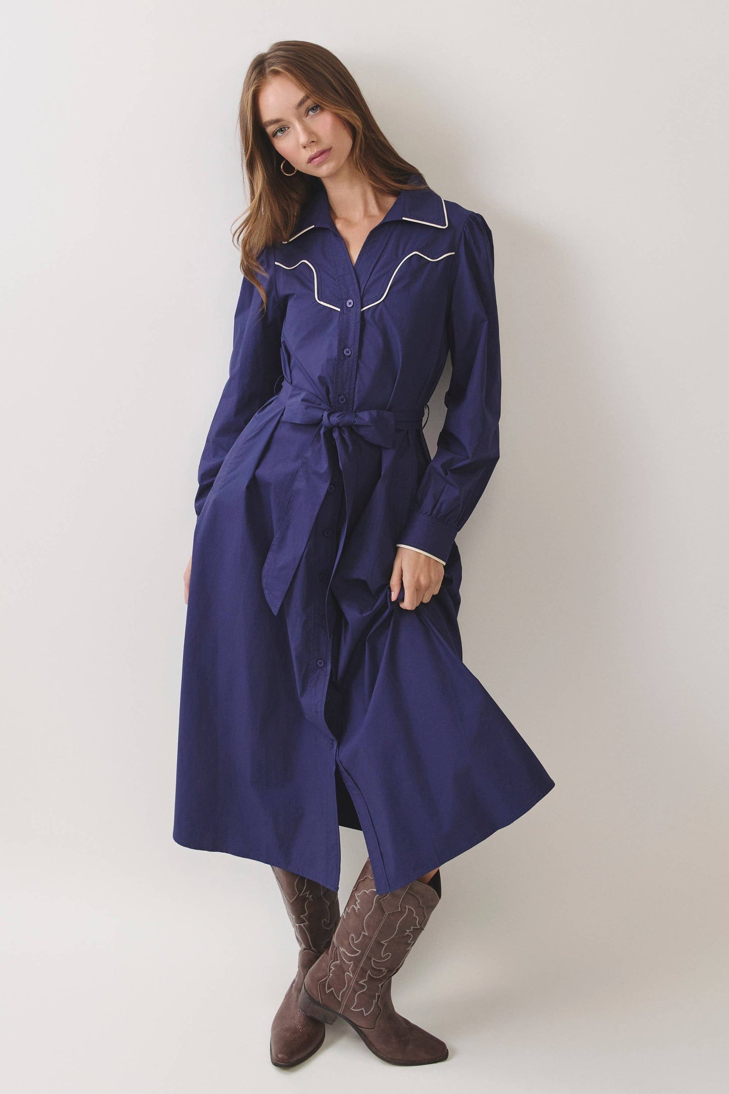 TCEC Contrast Piped Shirt Midi Dress