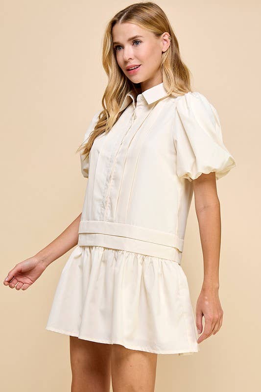 Pleat Detail Puff Sleeves Shirt Dress