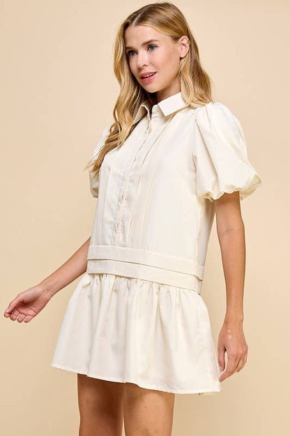 Pleat Detail Puff Sleeves Shirt Dress