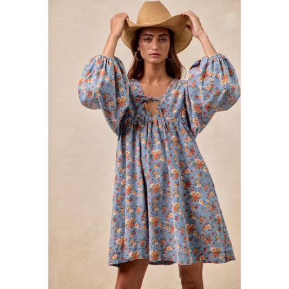 Washed Floral Denim Front Tied Dress