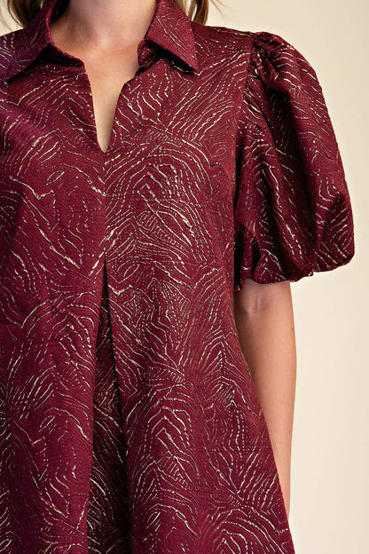 Puff Sleeve Pleated Lurex Midi Dress