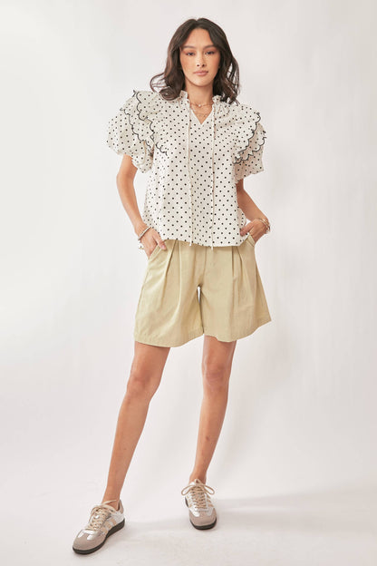 Polka Dot Contrast Ruffle Puff Sleeve Blouse