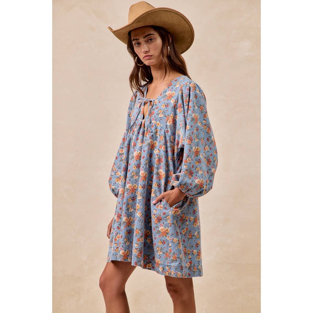 Washed Floral Denim Front Tied Dress