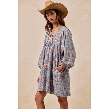 Washed Floral Denim Front Tied Dress