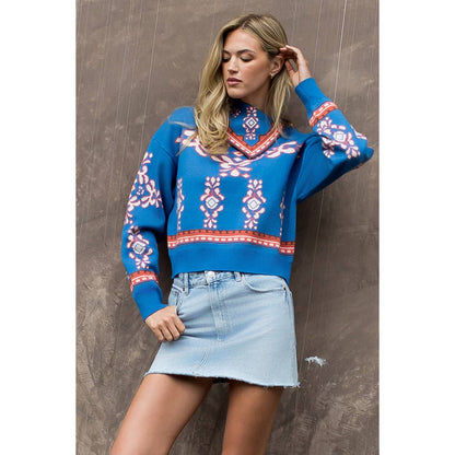 Blue Abstract Sleeve Print Sweater