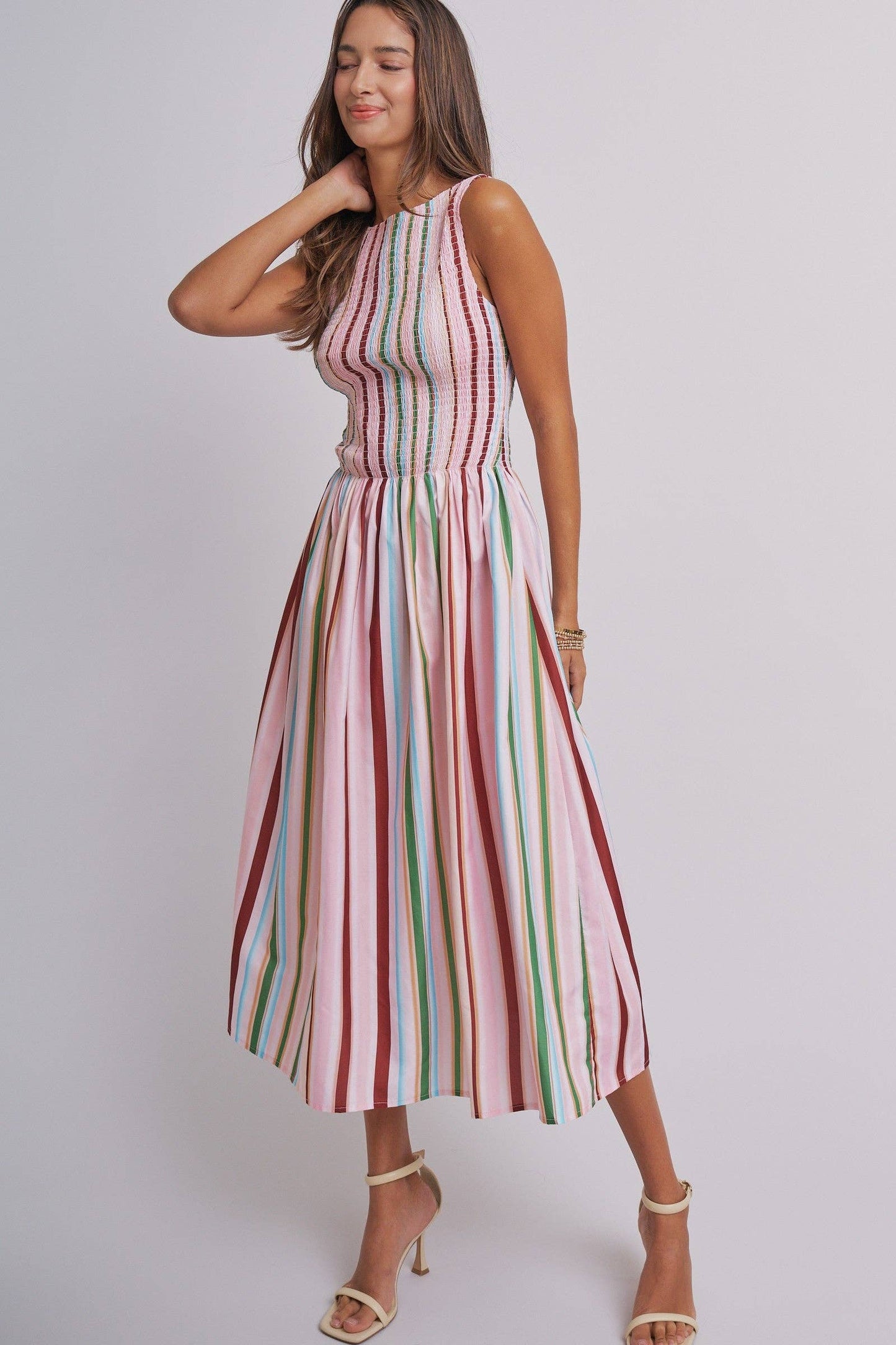 Candy Stripe Smocked Midi Dress