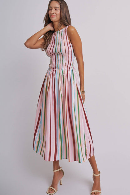 Candy Stripe Smocked Midi Dress