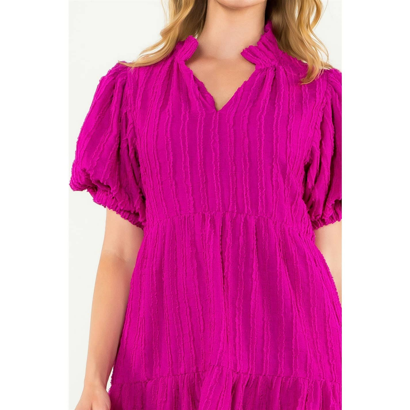 Tiered Puff Sleeve Textured Dress