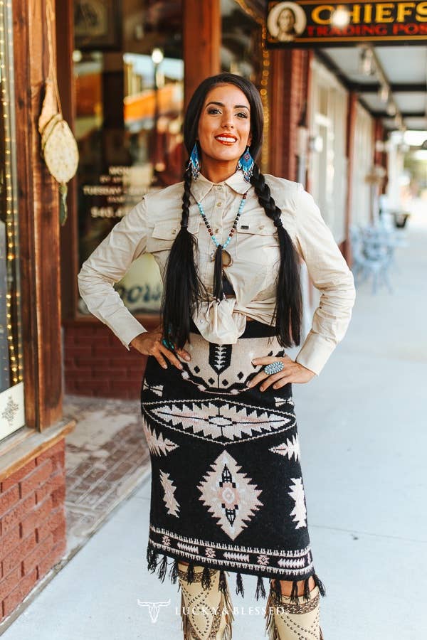 Black Aztec Knit Fringe Sweater Skirt
