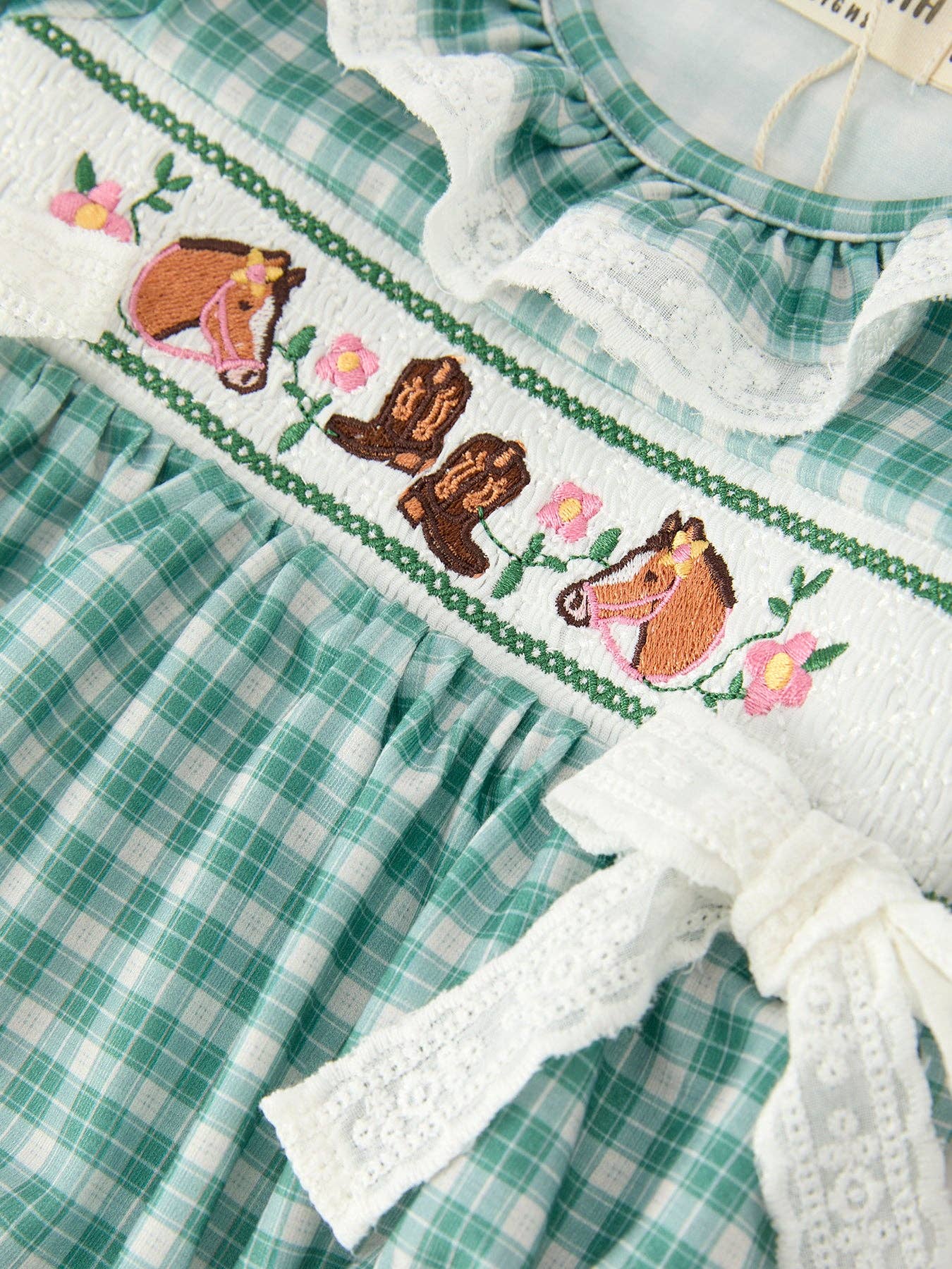 Girl's Western Plaid Horse Embroidered Bubble Romper