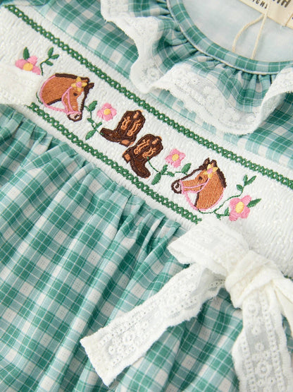 Girl's Western Plaid Horse Embroidered Bubble Romper