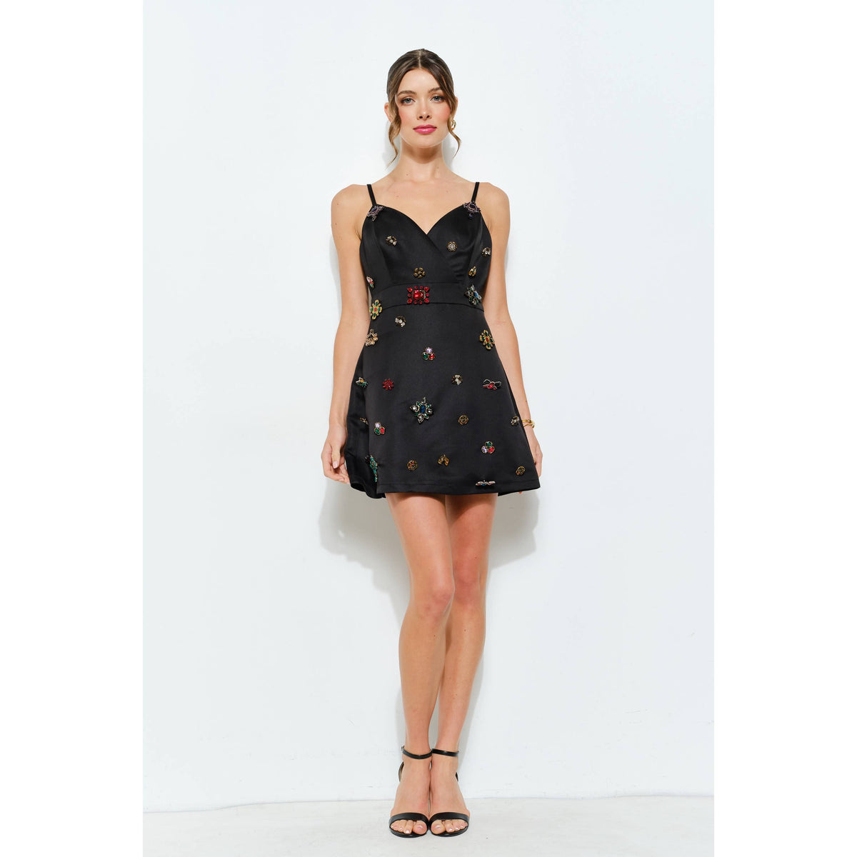 Sleeveless Embellished Jewel Satin Mini Dress