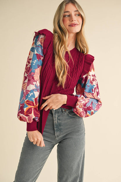 Floral Plum Mixed Media Sweater