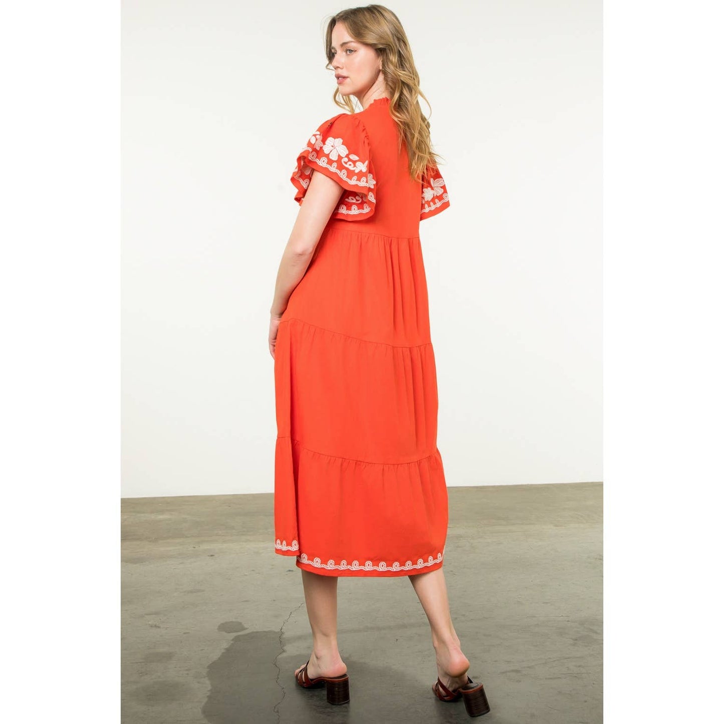 Flutter Sleeve Embroidered Dress
