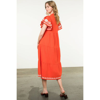 Flutter Sleeve Embroidered Dress