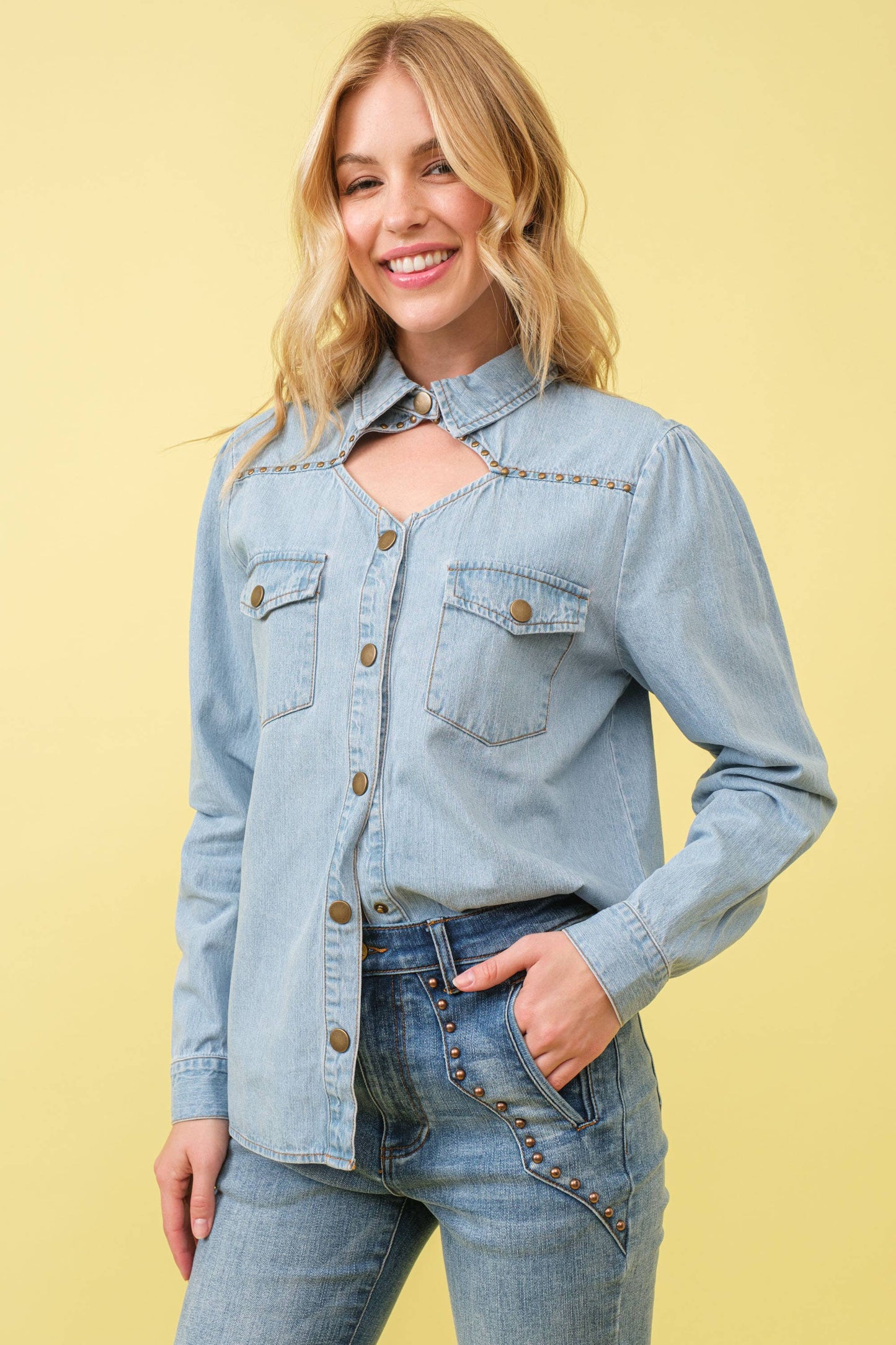 Chambray Cut Out Studded Collard Shirt Blouse