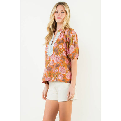 Short Sleeve Floral Pattern V-Neck Top