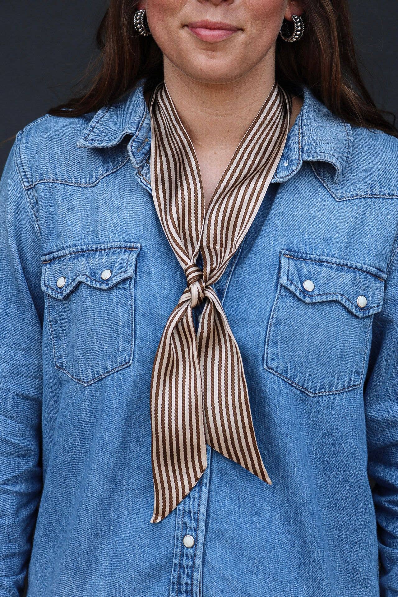 West & Co. Tan Silk Twilly Scarf with Stripes