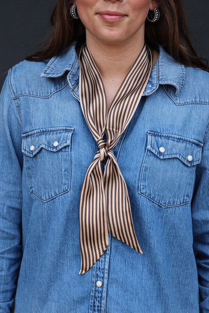West & Co. Tan Silk Twilly Scarf with Stripes