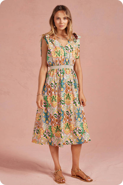 Garden Party Tie Shoulder Crochet Waist Midi Dress