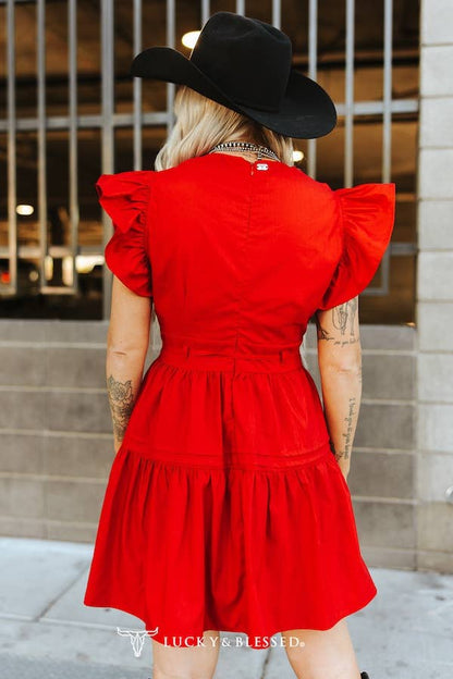 Red Short Sleeve Ruffle Western Dress