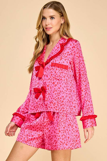 Leopard Printed Ruffle Long Sleeve Pajama Set