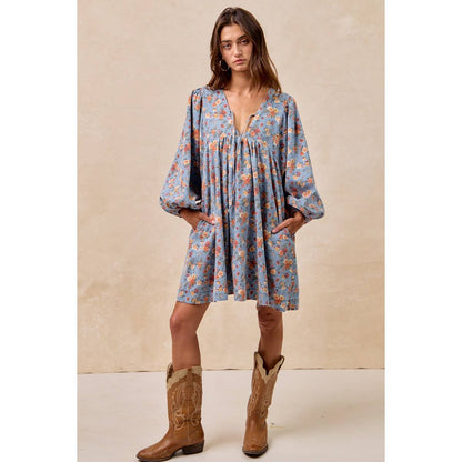 Washed Floral Denim Front Tied Dress