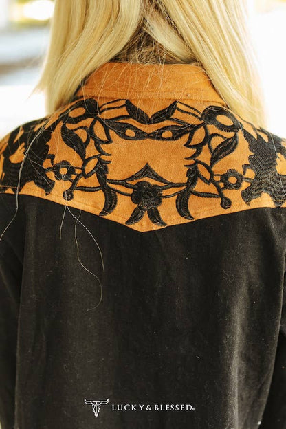 Black Suede Pearl Snap Dress W Camel Yoke