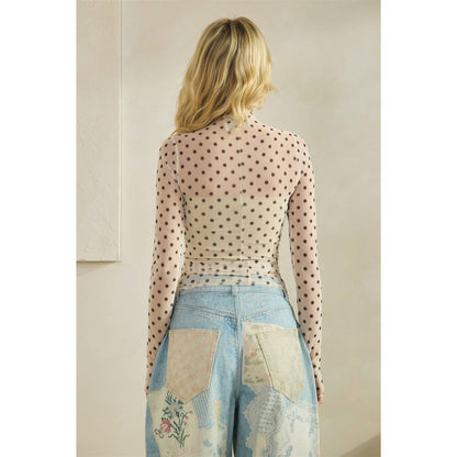 Lace Long Sleeve See Through Polka Dot Top