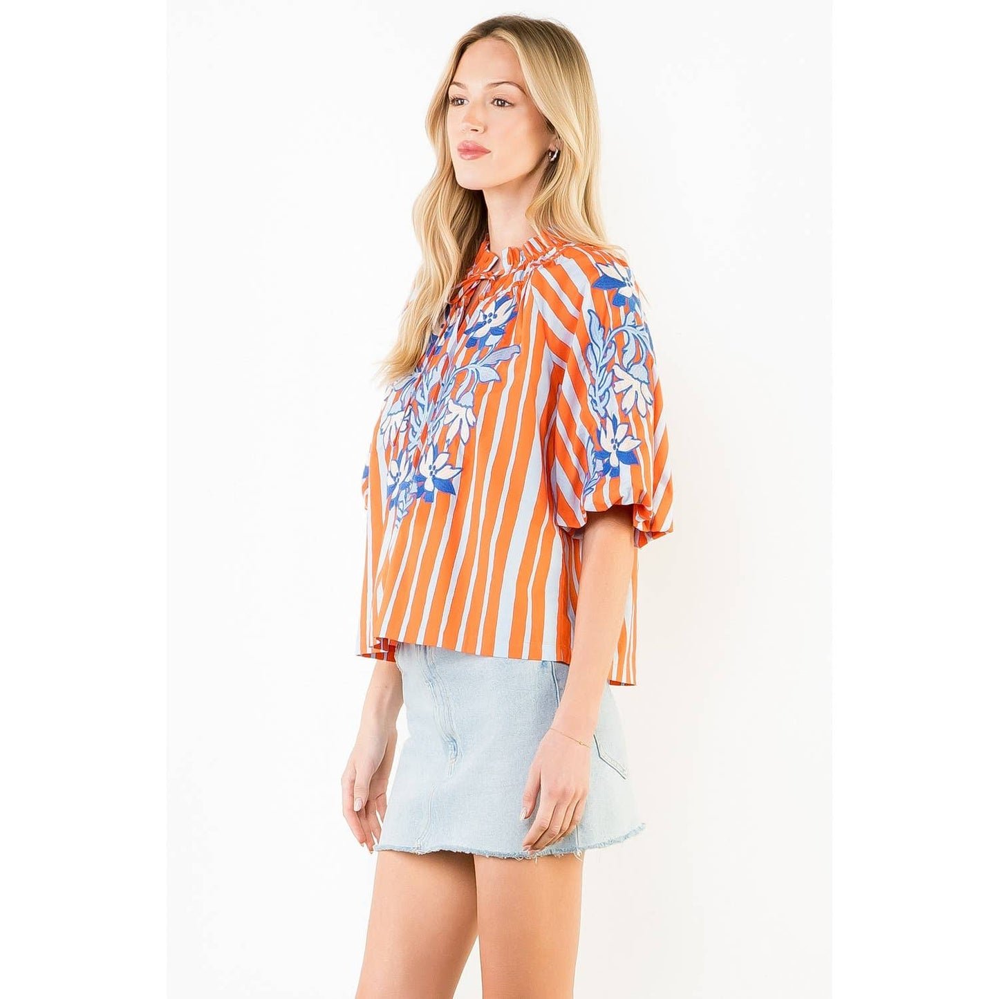 Puff Sleeve Embroidery Detail Striped Top