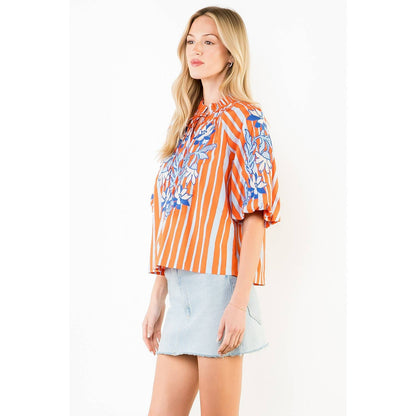 Puff Sleeve Embroidery Detail Striped Top