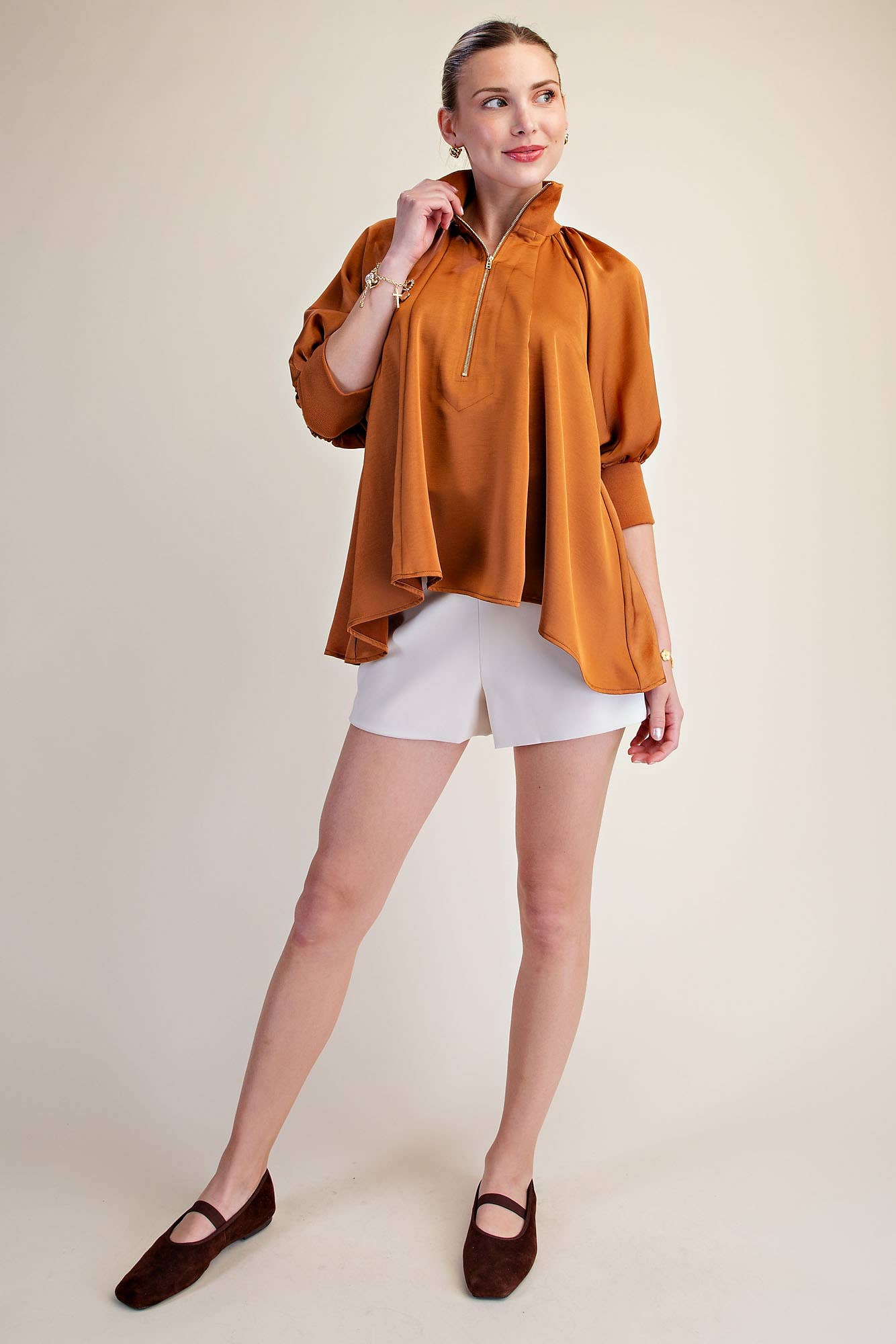 Mock Neck Half Zip Puff Sleeve Blouse