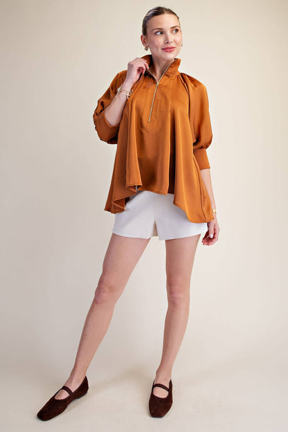 Mock Neck Half Zip Puff Sleeve Blouse