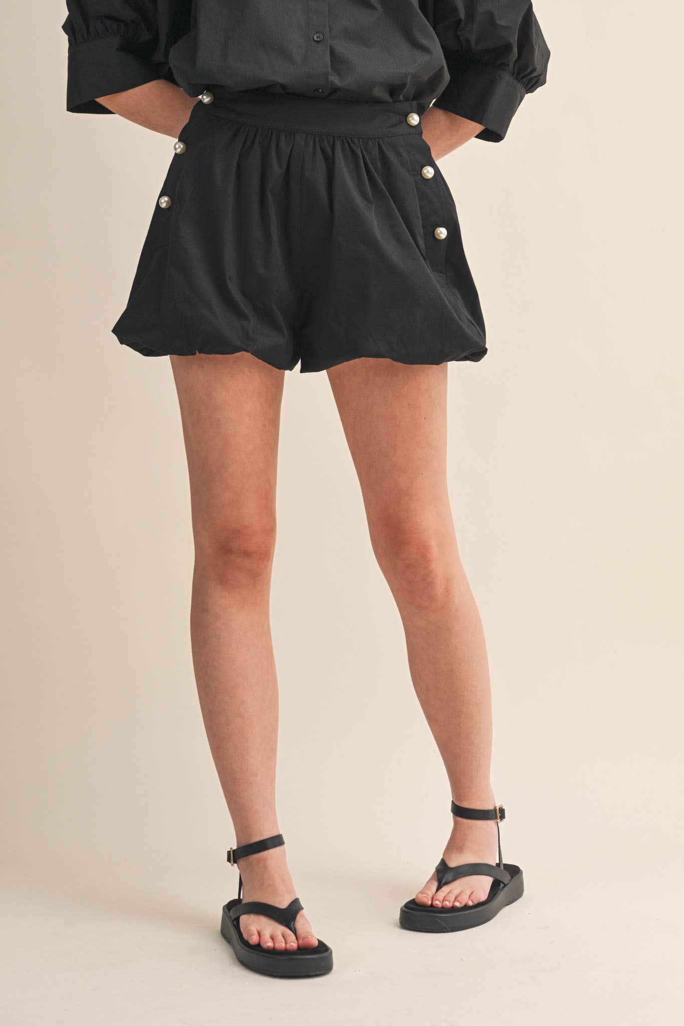 Bubble Hem Shorts With Pearl Buttons