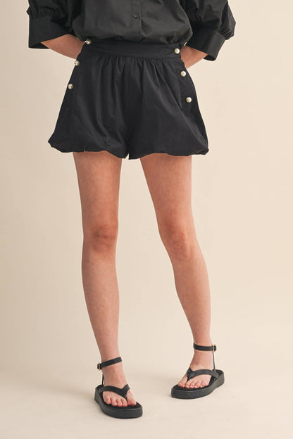 Bubble Hem Shorts With Pearl Buttons