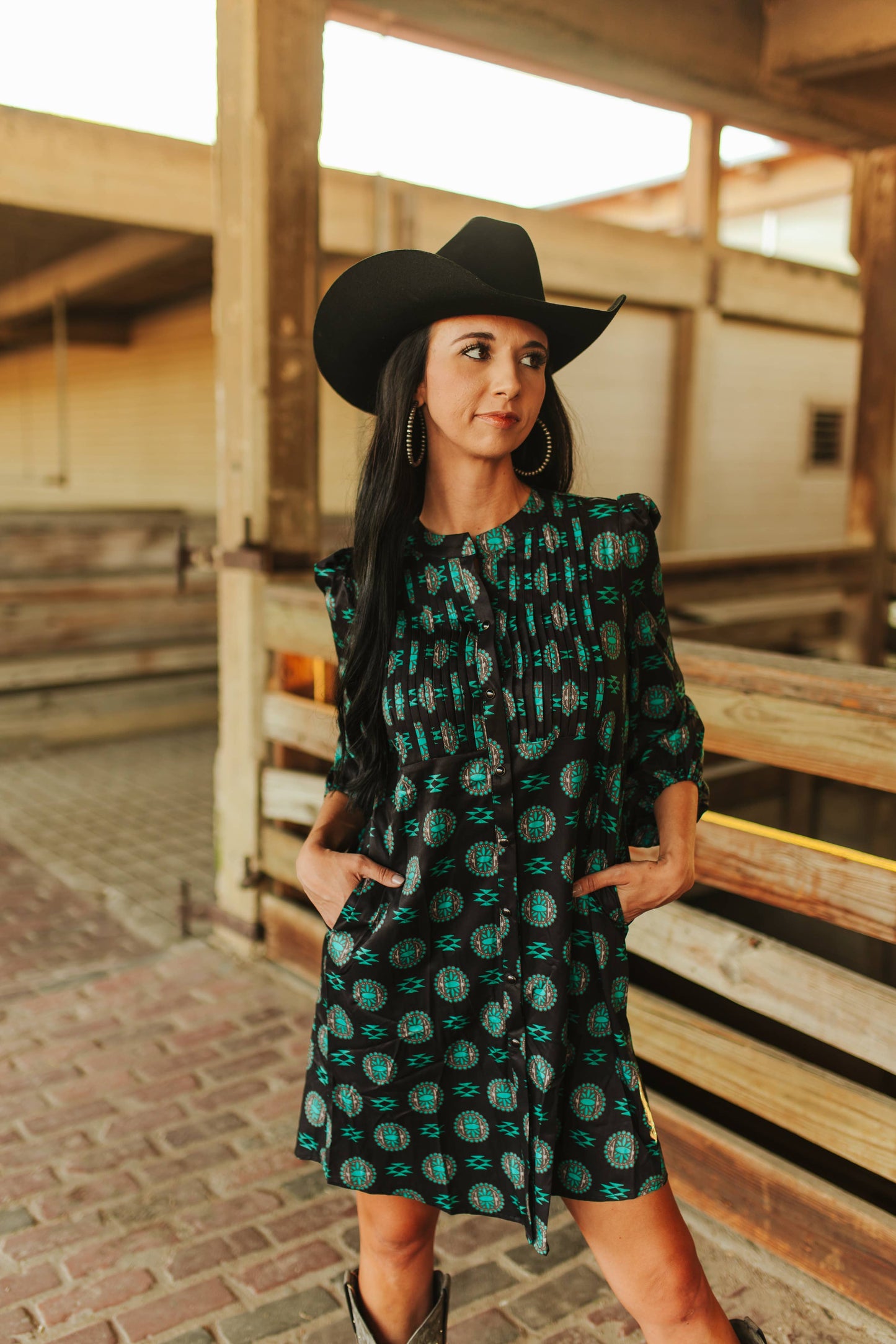 Black Turquoise Stone Printed Pleated Chest Dress