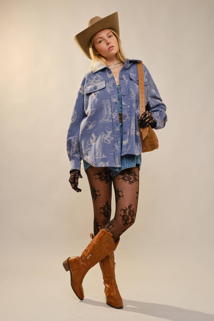 All Over Western Long Sleeve Loose Fit Shacket