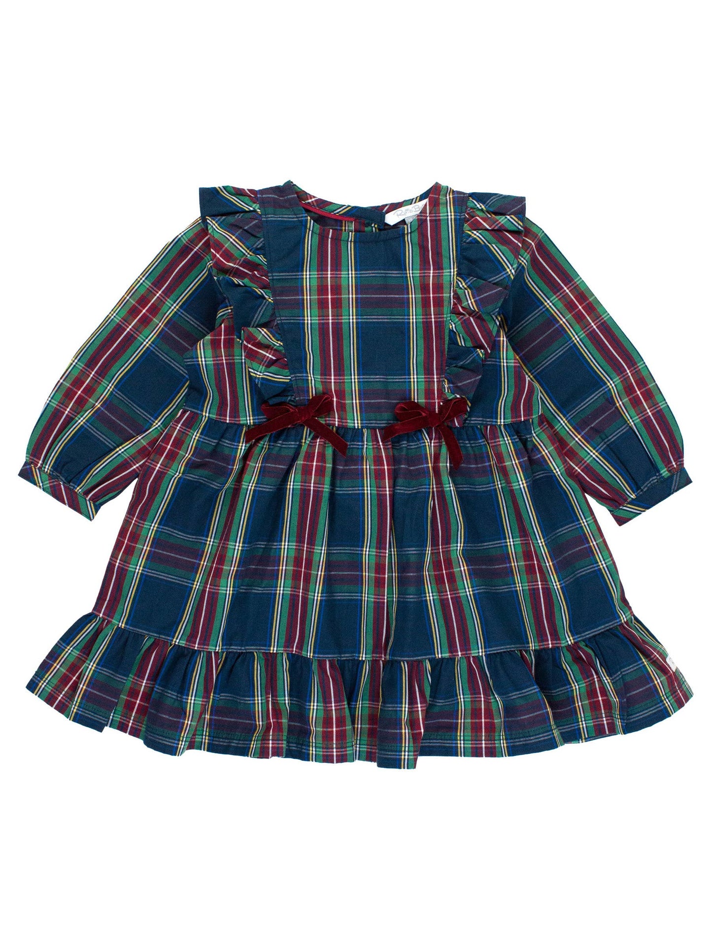 Girls Navy Plaid Ruffle Bow Dress