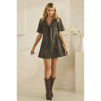 Collared Leopard Printed Denim Mini Dress