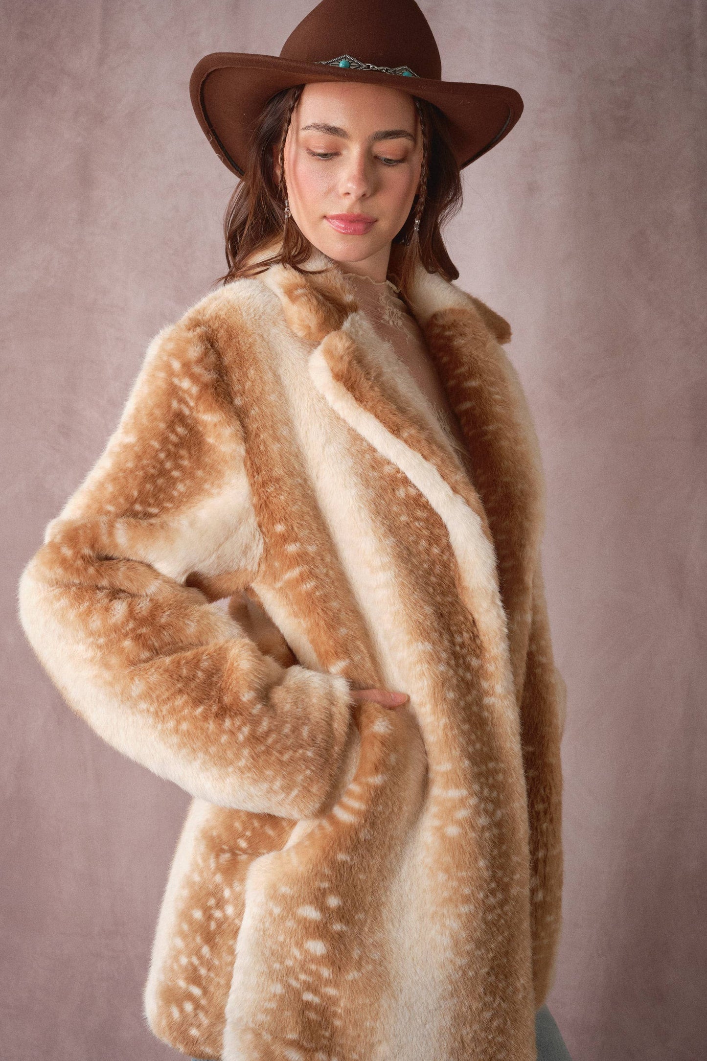 Blue B Deer Print Faux Fur Coat